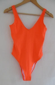 Boohoo fluorescent orange textured full lined high leg swimming costume Size 8 - Picture 1 of 8