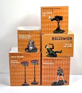 NIB Dept 56 Halloween Village Accessories Lot of 5 Figurines Skeleton Signs Mail - Picture 1 of 14