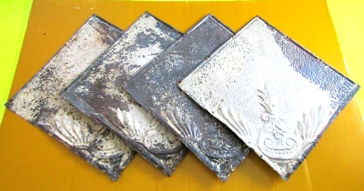 LOT OF 4 USED OLD ANTIQUE EMBOSSED METAL CEILING TIN PANELS   18 1/2" X 18 1/2" - Image 1 of 4