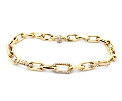 14K Solid Yellow Gold Diamond Paperclip Bracelet/ Trendy link Diamond Bracelet - Image 1 of 4