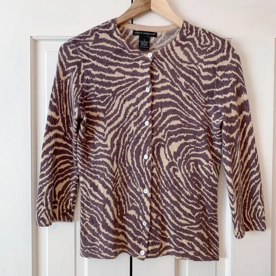 Sarah Spencer Brown Animal Print Wool Angora Cardigan Women Small Mob Wife - Image 1 of 4