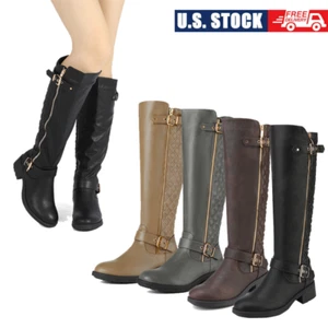 Womens Ladies Low Heel Zipper Knee High Riding Boots (Wide-Calf) Snow Boot Shoes - Picture 1 of 40