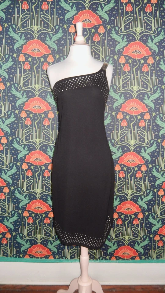 Vestido de coquetel vintage anos 90 Y2K assimétrico preto um ombro rocker cravejado 6 - Imagem 1 de 4