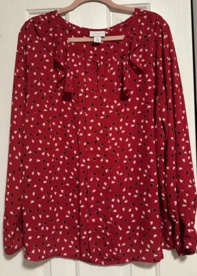 Liz Claiborne Red Heart Print Ruffle Blouse Size OX (14w) - Image 1 of 4
