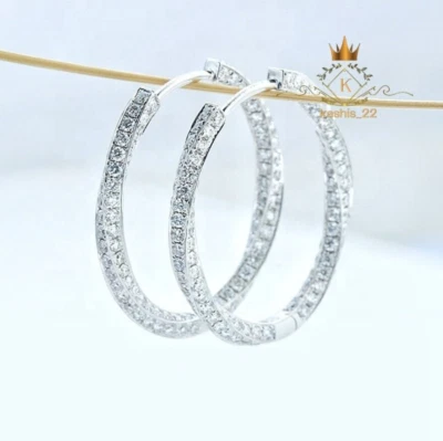 2 CT Moissanite Inside Outside Hoop Earrings Round Cut VVS1 Solid 14K White Gold - Image 1 of 4