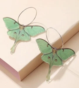 Hoop Drop Pierced Earrings Acrylic Moon Moth Mint Green Butterfly Jewelry - New - Picture 1 of 6