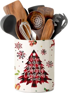 Christmas Kitchen Decor Ceramic Utensil Holder, Cute Red Christmas Tree Utensils - Picture 1 of 12