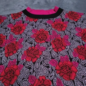 Vintage 90er Strickpullover geblümt schwarz rosa Gr. XL Herbst bunt hoher Kragen - Bild 1 von 5