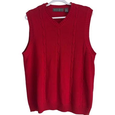 $Oscar de la Renta Hombres Suéter Chaleco L Rojo 100% Algodón Tejido con Cable Sin Mangas Top Foto 1 de 4