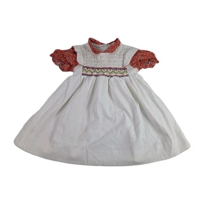 Vtg Primark Dress 3T Toddler White Red Hand Smocked Floral Accent Collar Bow - Image 1 of 4