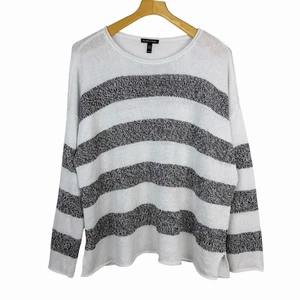Eileen Fisher Organic 100% Linen Knit Sweater White Graphite Gray Stripe Size XL - Picture 1 of 11