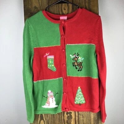 J Khaki Girls Red Green Button Up Christmas Sweater Holiday *No Size Tag *Read - Image 1 of 4