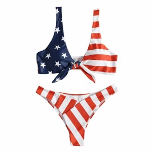 American Flag Bikini Set Two-piece Swimsuit High Slit Swimwear Patriotic July 4t - Picture 1 of 22
