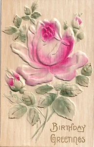 Vtg Postcard - Airburshed Embossed High Relief Birthday Greetings Roses - Picture 1 of 2
