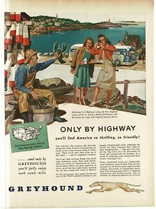 1946 Greyhound Bus Only By Highway Maine lobster fisherman art Vintage Print Ad