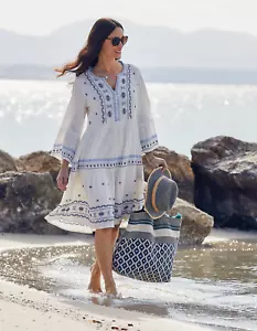 Vestido Fat Face Blanco y Azul Libby Bordado Gran Tamaño Caftán Midi Talla 12 - Imagen 1 de 15