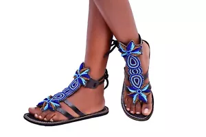 Beaded Women Africa Gladiator Sandal Bohemian Summer Leather Masai Kenya US 10.5 - Picture 1 of 5