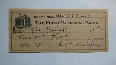 $2 1931 Hibbing Minnesota MN Cancelled Check! First National Bank  - Image 1 of 2