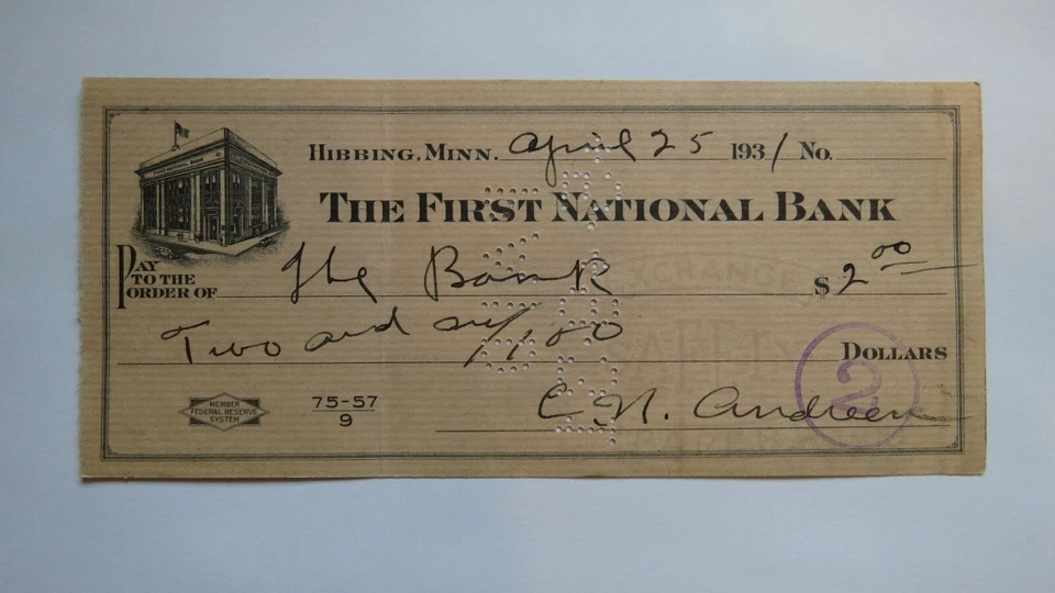$2 1931 Hibbing Minnesota MN Cancelled Check! First National Bank  - Image 1 of 2
