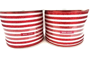 2 Rolls Maker's Holiday Wired Ribbon 4" x 40' each Jo-Ann Red Glitter Stripes - Picture 1 of 4