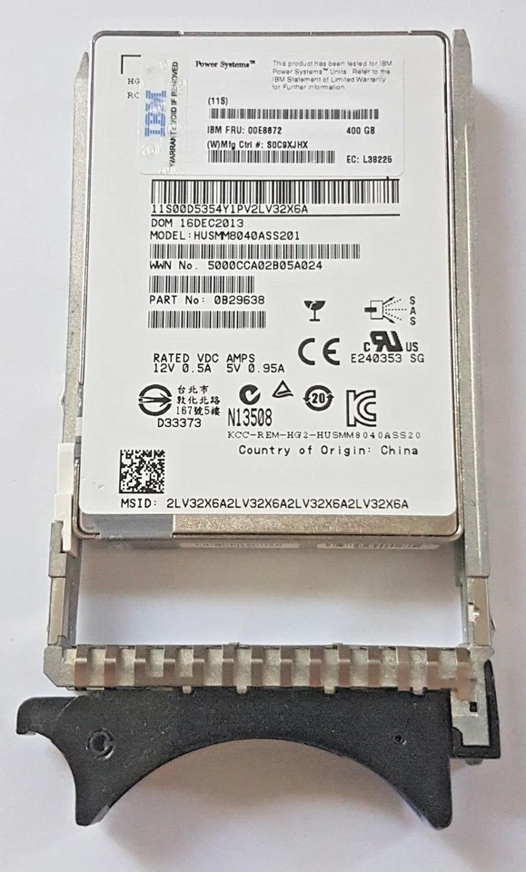 400 GB SAS IBM FRU: 00E8672 HUSMM8040ASS201 SSD MLC 2.5" Hard Drive + Caddy - Image 1 of 1
