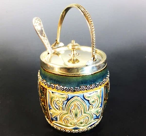 WONDERFUL DOULTON LAMBETH SILVER PLATE MOUNTED PRESERVE POT by ELIZA SIMMANCE - Picture 1 of 11