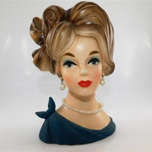 490/2153 NAPCO Ware Lady Head Vase C7294, Blonde Hair With Blue Tied Up Dress - - Picture 1 of 7