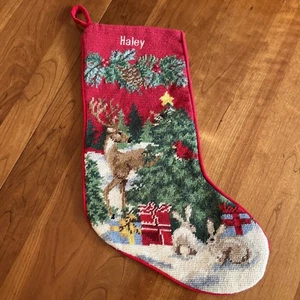 LL Bean Needlepoint Stocking Reindeer Bunnies Embroidered With HALEY Christmas - Picture 1 of 9