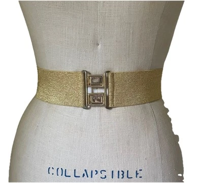 Vtg 1970s Wide Gold Lurex Knit Belt Metal Clasp Disco Stretch 26” - 34” Waist - Image 1 of 4