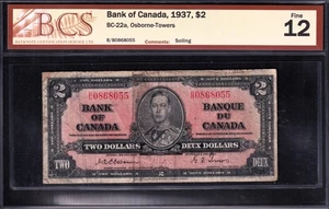 Bank Of Canada 1937 $2 Two Dollar Banknote Osbourne - Towers BCS Graded F - 12 - Picture 1 of 2