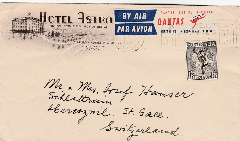 Australia to Switzerland SYDNEY 1/6 Hermes HOTEL ASTRA Illustrated Qantas 1951 - Image 1 of 1