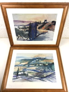 2 x Large Framed Water Colour Abstract Prints Artist Signed Wood Framed Blues - Picture 1 of 7