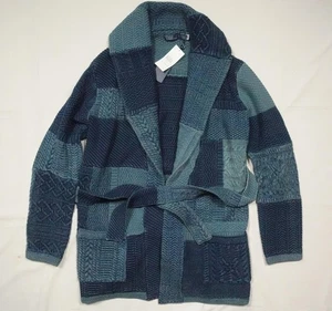 Polo Ralph Lauren Strickjacke Pullover Indigo Blau Patchwork Gürtel Zopfmuster Neu mit Etikett S M - Bild 1 von 5