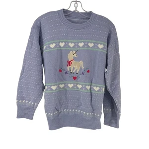 Vintage Einhorn Pullover 90er Damen Gr. S blau Herz Landhaus bestickt Rundhals - Bild 1 von 6