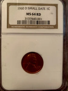 1960 D NGC MS64 RED SMALL DATE Lincoln Memorial Cent Denver Mint - Picture 1 of 2
