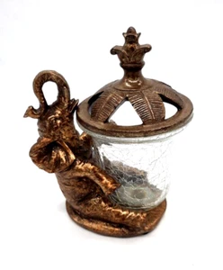 Ornate Gold Resin Elephant Trunk Up Clear Crackle Glass Candy Dish Trinket Jar - Picture 1 of 8