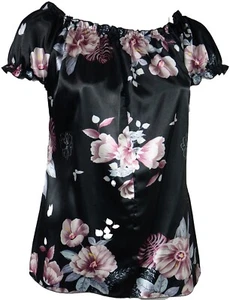 Black Floral Print Satin Gypsy Top Elastic Neckline Cuffs Ladies Plus Size - Picture 1 of 4