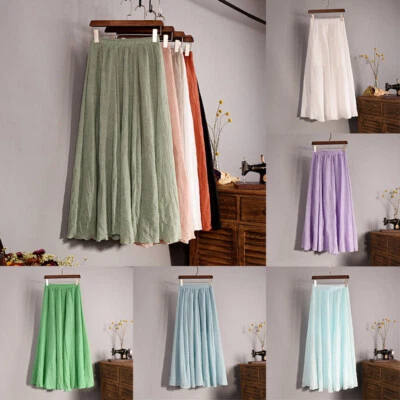 Long Dress Solid Beach pretty Elastic Waist Pleated Women Summer Maxi Skirt - Image 1 of 4