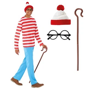 Men`s Where`s Wally? Costume Adult Red & White Stripe Book Character Halloween - Picture 1 of 8