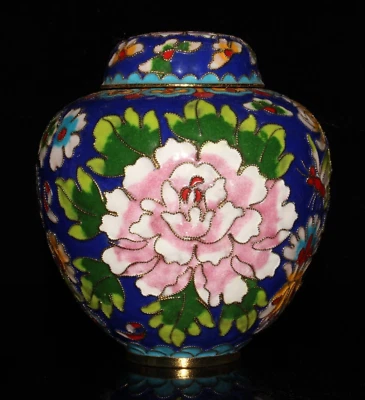 Exquisito cobre Cloisonne esmalte talla flor flor almacenamiento maceta jarra Foto 1 de 4