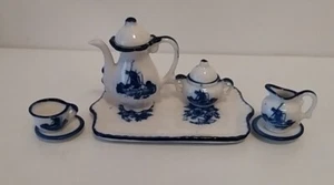 Vintage Delft blue & white pottery hand painted miniature coffee set on tray - Picture 1 of 2