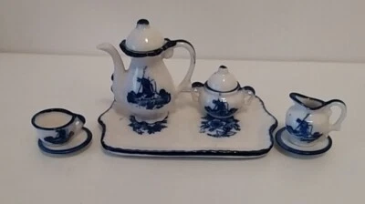 Vintage Delft blue & white pottery hand painted miniature coffee set on tray - Image 1 of 2