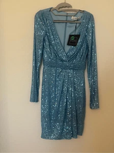 Mini Vestido Mac Duggal Azul Lentejuelas Adornado Cuello en V NUEVO NUEVO CON ETIQUETAS - Imagen 1 de 7