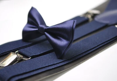 HAND MADE Navy Blue Bow tie Bowtie Elastic Suspenders Braces set for All ages - Image 1 of 4
