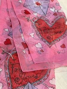 Valentines Scarf Hearts Quotes Polyester lifeRed Pink White LONG 14” x 60” Italy - Picture 1 of 10