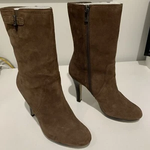 Anne Klein Brown Suede High Heel Boots Womens Size 9.5 M Zipper Strap Ankle - Picture 1 of 15