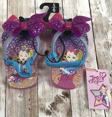 New Little Girls JoJo Siwa Flip Flops Sandals Pink Purple Bow Size 5-6 - Image 1 of 4