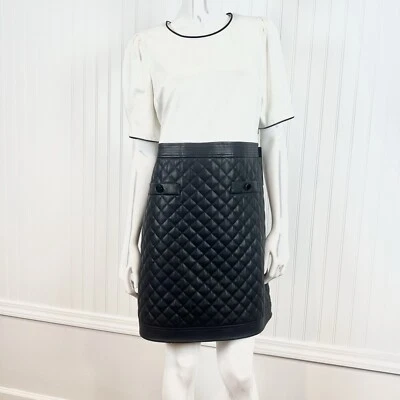 Karl Lagerfeld Women Dress 12 White Black Faux Leather Short Sleeve Shift - Image 1 of 4