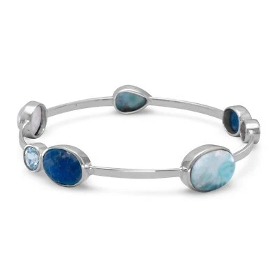 Authentic 925 Sterling Silver Larimar, Blue Topaz Multi-Gemstone Bangle Bracelet - Image 1 of 3