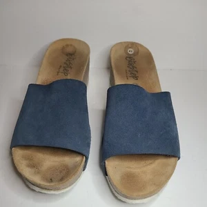 Bio Step Women's Leather Suede Wedge Slide Sandals Size 10 Blue Open Toe Slip On - Picture 1 of 5